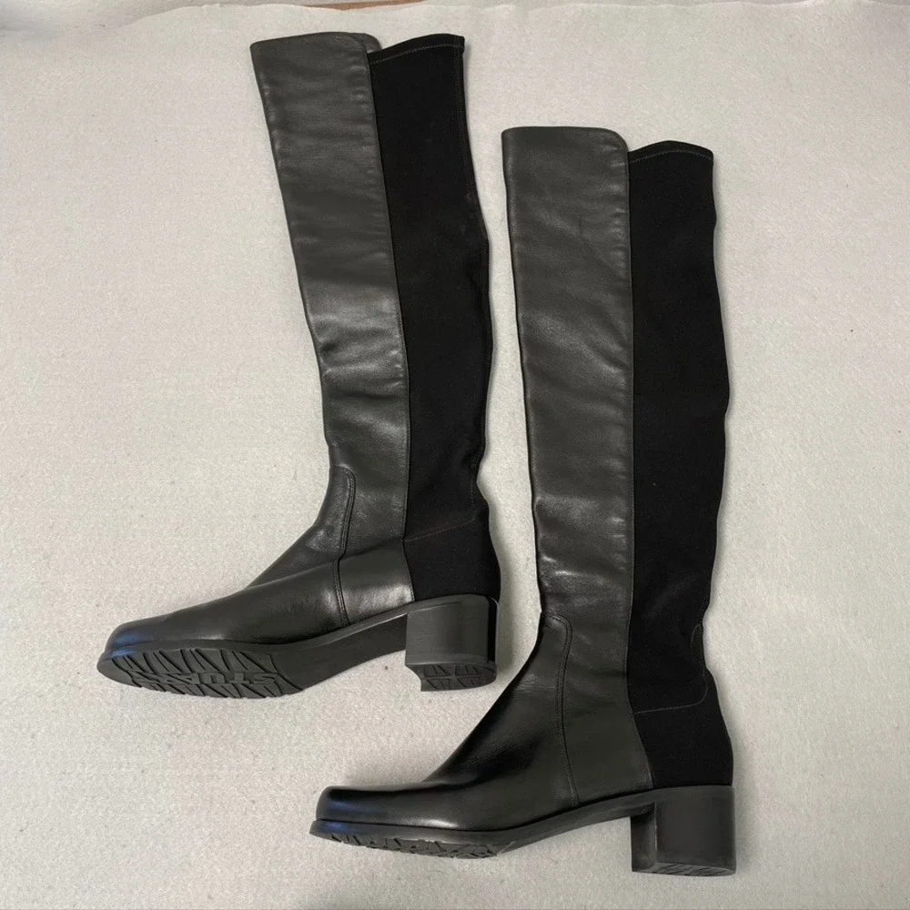 Stuart Weitzman 5050 Over The Knee Boots Womens 8M Black‎ Leather Block Heel
